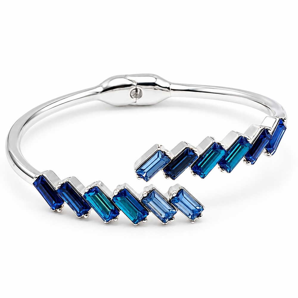 Bomb Party Sapphire Blue Baguette Bypass Cuff Bracelet Silver Tone